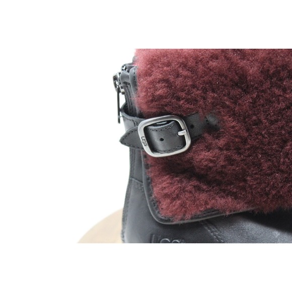 UGG Australia Women's Black Leather Burgundy Sheepskin Foldover Boots‎ Size 7.5 - Picture 3 of 12